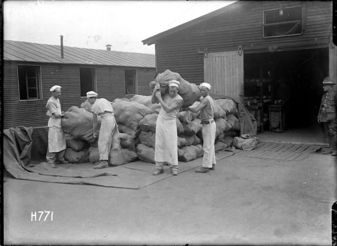 Sacks of fresh loaves at the New Zealand Field Bakery, Rouen