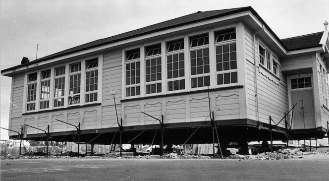 Hutt Central School classroom lifted up off the ground prior to being moved to another site