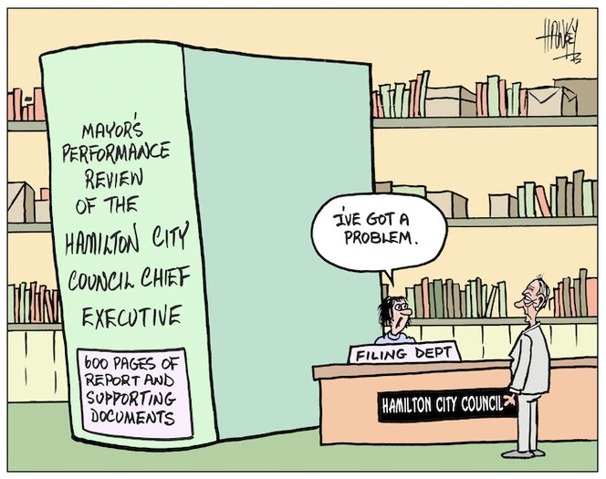 Mayor's Performance review of the Hamilton City Council Chief Executive, 600 pages of report and supporting documents. "I've got a problem." 20 May, 2004.