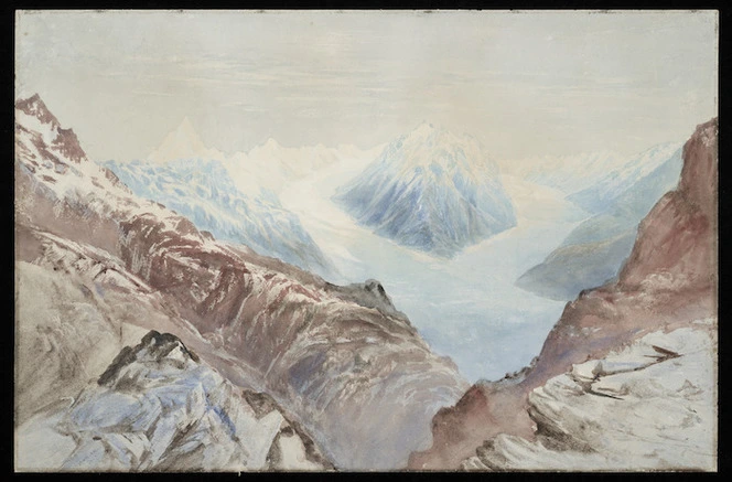 Gully, John, 1819-1888 :Malte Brun Range Tasman Glacier. 1857.