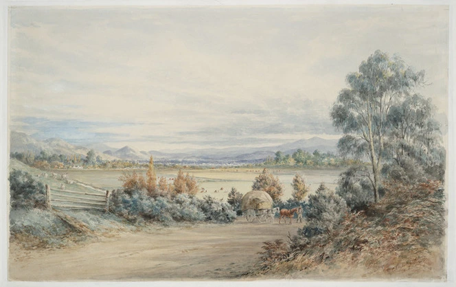Barraud, Charles Decimus, 1822-1897 :On the Waimea Road, Nelson, overlooking Stoke and Richmond / C D Barraud, N.Z. 1889.