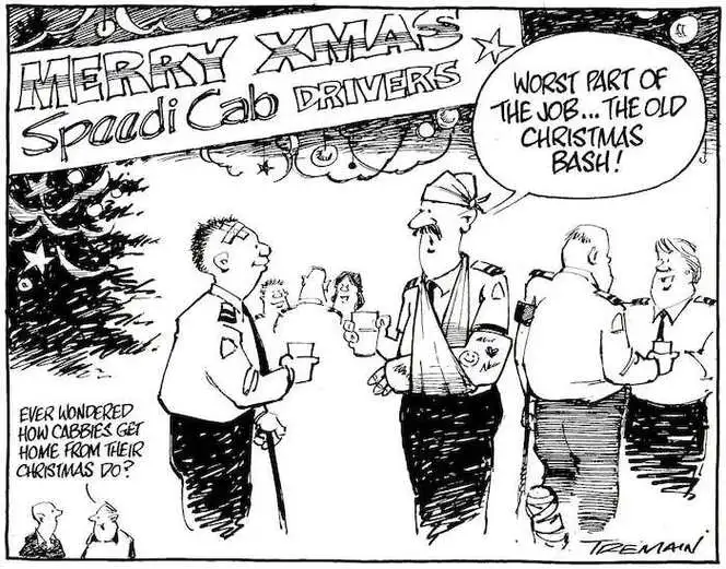 "Worst part of the job... The old Christmas bash!" "Ever wondered how cabbies get home from their Christmas do?" 17 December, 2008.