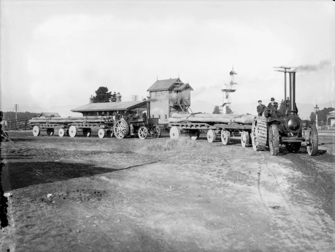 Traction engines with trailer loads of power poles at Sockburn Station