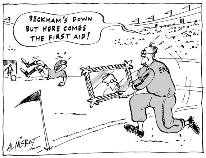 "Beckham's down but here comes the first aid!" 25 June, 2004