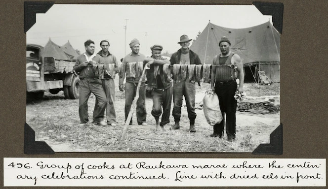 Cooks with dried eels, Raukawa marae, Otaki