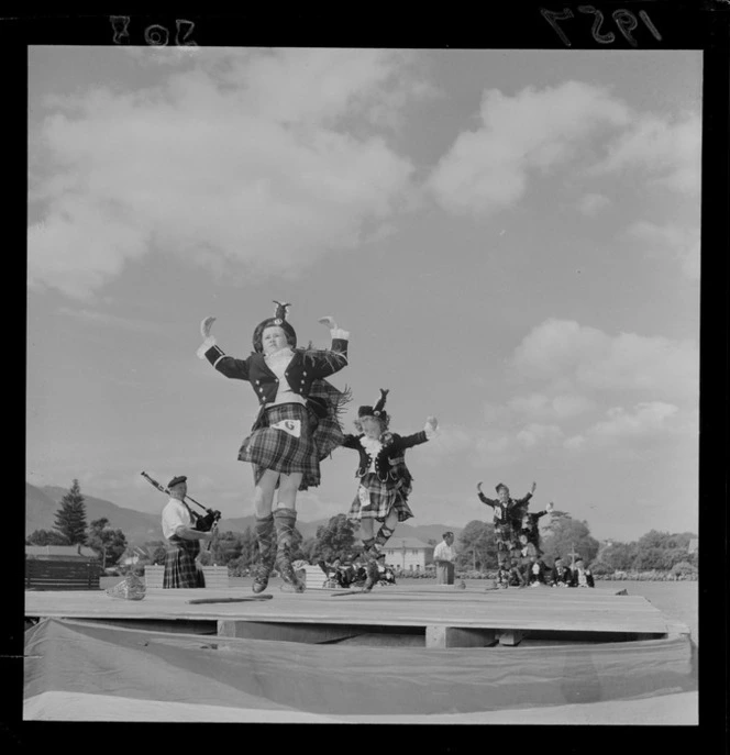 Children doing scottish highland dancing on a stage at Hutt Recreation Ground, Lower Hutt