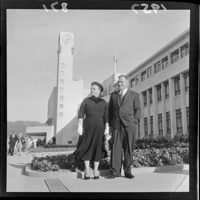 Mayor of Lower Hutt Mr Dowse and wife Mary outside the new Civic buildings, Lower Hutt, Wellington