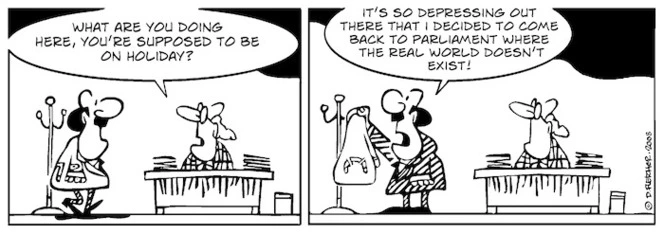 "What are you doing here, you're supposed to be on holiday?" "It's so depressing out there that I decided to come back to parliament where the real world doesn't exist!" 26 December, 2008.