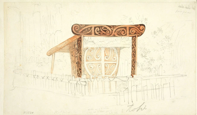 [Angas, George French] 1822-1886 :[Mausoleum of E Tohi, the sister of Rauparaha, on the Island of Mana, in Cook's Straits. 1844]