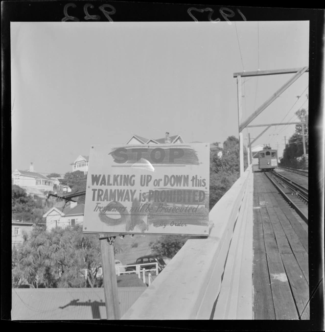 A graffitied sign on the cable car platform, Wellington