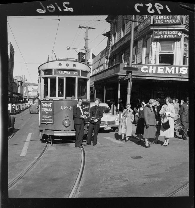 Tram no 197 halted by a power failure, Perrets Corner, Wellington