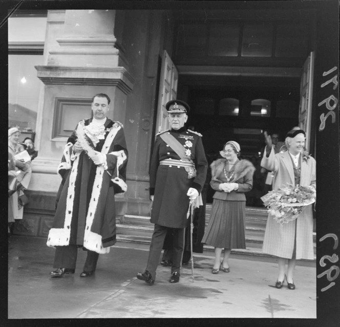 Governor General, The Lord Norrie, with the Mayor of Wellington (Frank Kitts) leaving a function at Wellington Town Hall