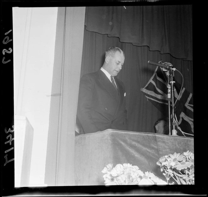 Mr K J Holyoake giving speech at the National Party Conference, Wellington