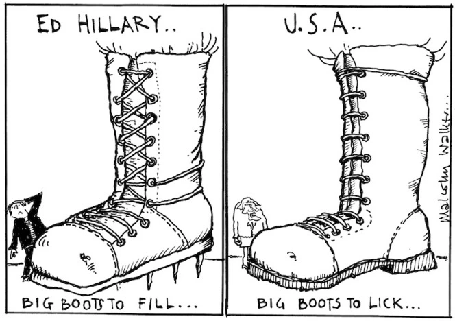 ED HILLARY.. Big boots to fill... U.S.A. .. Big boots to lick... Sunday News, 30 May 2003
