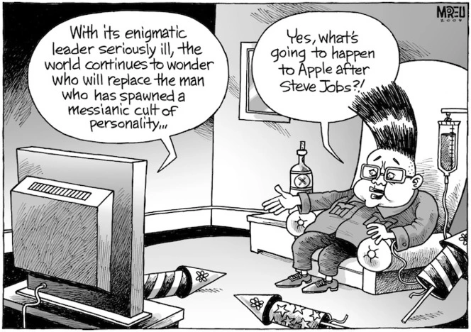 "With its enigmatic leader seriously ill, the world continues to wonder who will replace the man who has spawned a messianic cult of personality..." "Yes, what's going to happen to Apple after Steve Jobs?!" 17 January 2009.