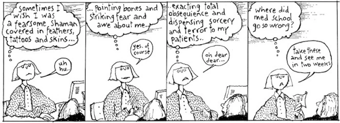 (Sometimes I wish I was a fearsome Shaman covered in feathers, tattoos and skins... pointing bones and striking fear and awe about me.. exacting total obsequience and dispensing sorcery and terror to my patients.. where did med school go so wrong?) "Take these and see me in two weeks" 21 August 2007