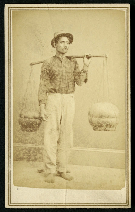 Dickson, Menzies, 1840?-1891: Portrait of an unidentified Hawaiian Poi dealer