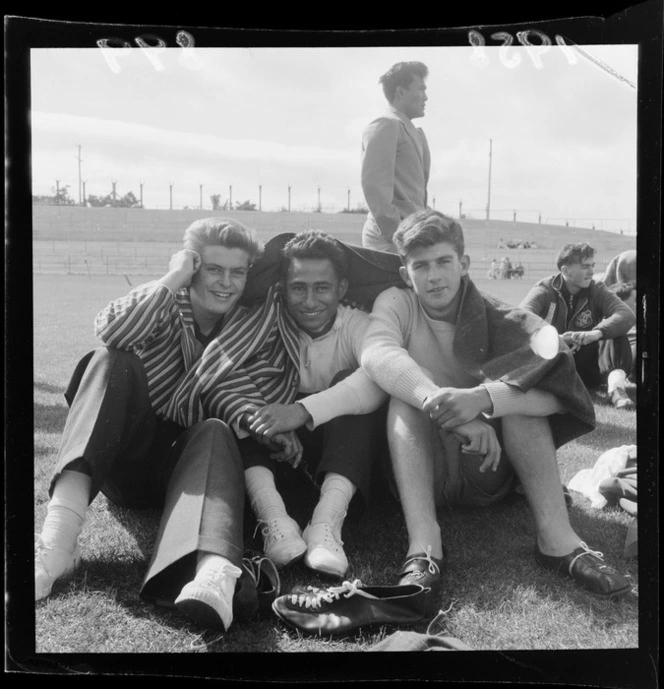 Unidentified young male athletes at Athletic Park, Wellington, for the Inter-Collegiate Sports competition
