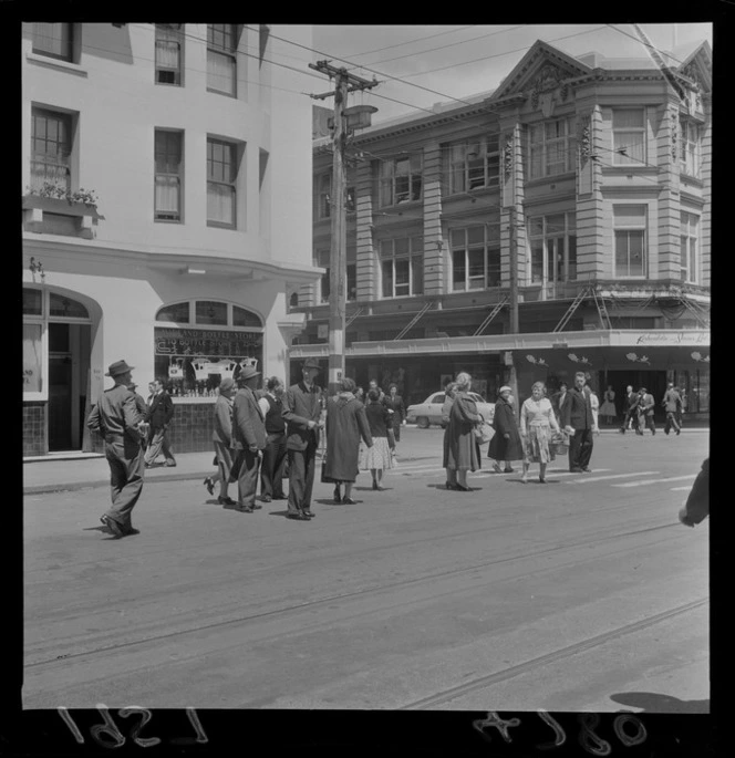 Group at a former tram stop, Lambton Quay, Wellington