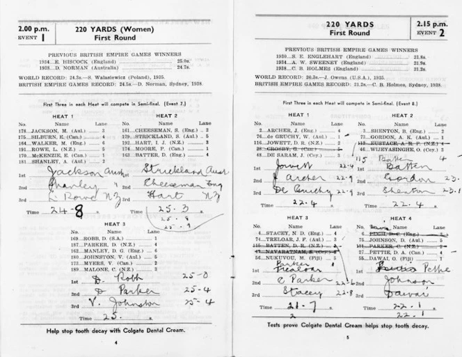 British Empire Games, Auckland, New Zealand, 1950 :220 yards (women) first round [and] 220 yards, first round. [Athletics, second day. Tuesday, 7th February at Eden Park. Official programme. 1950. Pages 4-5]