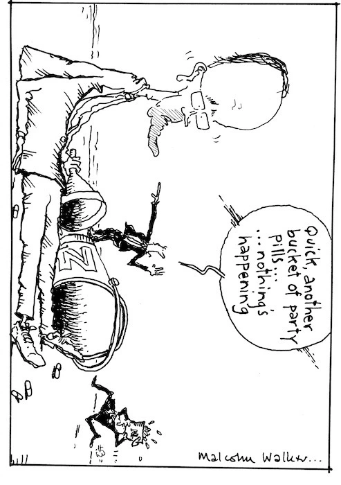 "Quick, another bucket of party pills... nothing's happening" Sunday News, 27 May 2005