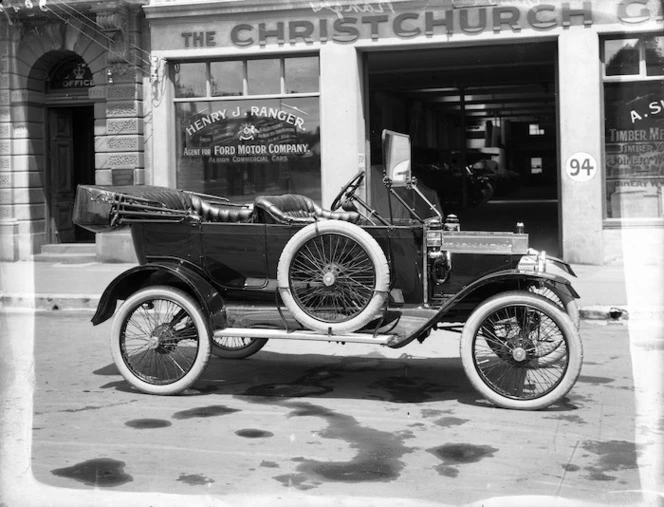 Ford Model T motor car outside The Christchurch Garage, Christchurch.
