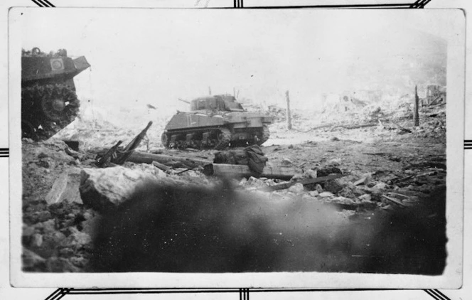 Tank in the ruins of Cassino, Italy