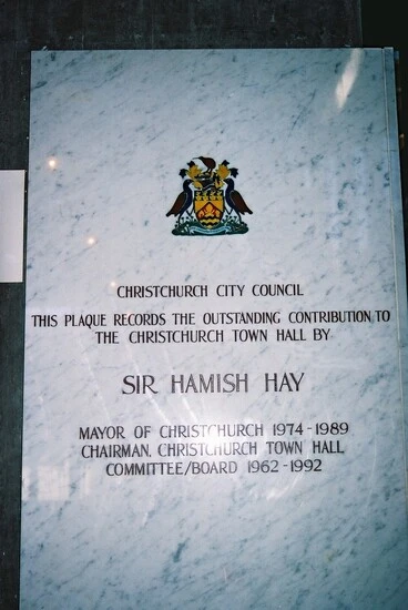 Image: Plaque, Christchurch Town Hall