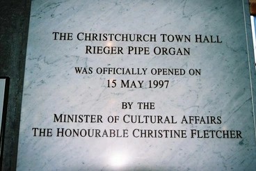 Image: Organ Plaque, Christchurch Town Hall