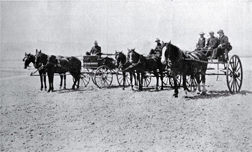 Image: Horses and carriage at the Waiau River Bed, after crossing the stream from Cheviot, North Canterbury