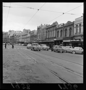 Image: Street view of Lambton Quay, Wellington, including building of Gresham Hotel, Norman Gee gift shop and Copp and Williams Ltd
