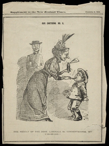Image: Blomfield, William, 1866-1938 :The result of the dose - Liberals, 54; Conservatives, 14!! It did him good!!! Our cartoons, No. X. Supplement to the New Zealand times, December 2, 1893.
