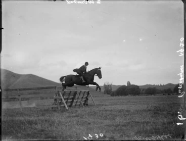 Image: Puketapu A & P Show, with Freda White riding Wornbed into 2nd place, shown jumping over a fence, Hastings, Hawke's Bay District