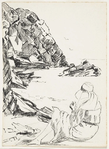 Image: [Moncrieff, Perrine Millais] 1893-1979 :[Woman sitting on beach, drawing. ca 1920]