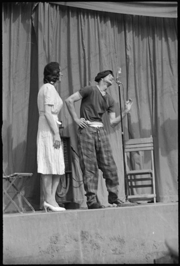 Image: Bill Bain and John Reidy in a humorous sketch at a Kiwi Concert Party performance, Volturno Valley, Italy - Photograph taken by George Kaye