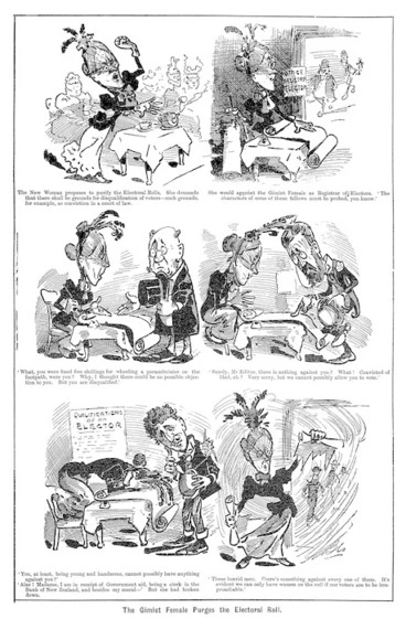 Image: Blomfield, William, 1866-1938 :The Gimlet Female Purges the Electoral Roll. New Zealand Observer and Free Lance, 14 September 1895.