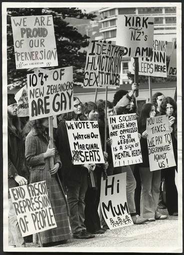 Image: Gay Liberation Movement demonstrating, Parliament grounds, Wellington, New Zealand