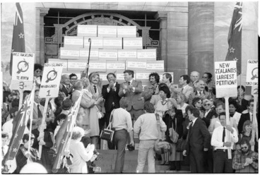 Image: Presentation of petition opposing the Homosexual Law Reform Bill, Parliament, Wellington - Photograph taken by Phil Reid