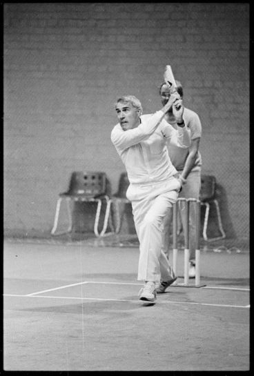 Image: Deputy Prime Minister, Geoffrey Palmer, playing indoor cricket - Photograph taken by Merv Griffiths