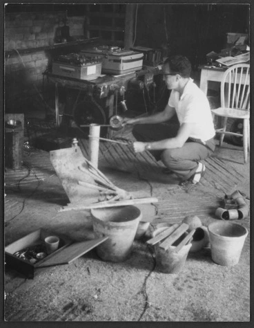 Image: Douglas Lilburn recording sounds in a barn, Wiltshire, England - Photograph taken by Peter Russell Crowe