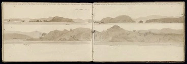 Image: [Ashworth, Edward] 1814-1896 :Hemioramic view of the north part of the Bay of Islands, New Zealand. The greatest elevation shows the remains of Rangihoua (deserted) the first footing of Missionaries. The oldest of that body lives near here Mr. King. [1844]