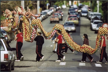 Image: Chinese dragon being carried across a pedestrian crossing, Wellington - Photograph taken by Craig Simcox