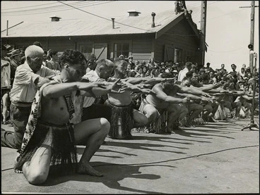 Image: Members of Ngati Tuwharetoa performing a haka at the welcome for the returning Maori Battalion after World War II
