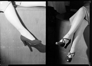 Image: Feet modelling high heeled shoes & jewelled stockings [two images]
