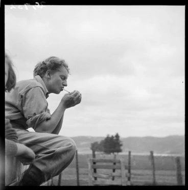 Image: Land girl, Carol Sladden, having a cigarette, Mangaorapa, Hawke's Bay