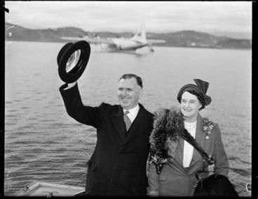 Image: Prime Minister Sidney Holland and Mrs Holland leaving for London