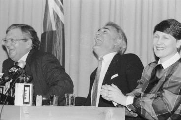 Image: David Lange, Geoffrey Palmer and Helen Clark at a press conference
