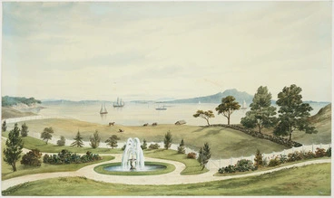 Image: Hoyte, John Barr Clark, 1835-1913 :[Auckland Harbour and Rangitoto Island from the garden of Harry Cobley's house] [1870?]