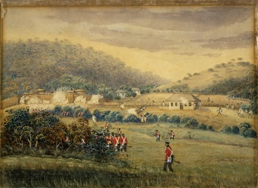 Image: Bridge, Cyprian, 1807-1885 :View of the attack on the pah of the Waikadi tribe on the morn of the 16th May, 1845