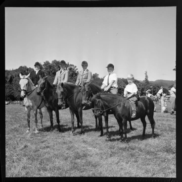 Image: Horse line-up and riders at the 1958 A&P (agricultural and pastoral) show in Trentham, Upper Hutt; includes miniature horse